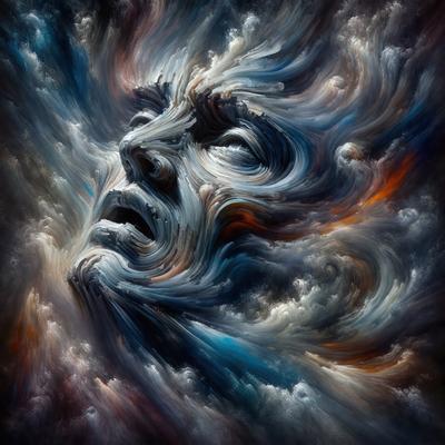 The primary subject of the image is a close-up of a person's face, with a focus on their eyes and mouth. The setting is a cloudy sky, which serves as the backdrop for the face. The visual style is a combination of digital art and illustration, creating a surreal and artistic atmosphere. The dominant colors are blue and orange, which contribute to the overall mood of the image.